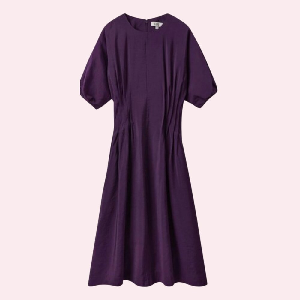 SOLD - COS Purple Puff Sleeve Gathered Pintuck Pleated Midi Dress Size 4